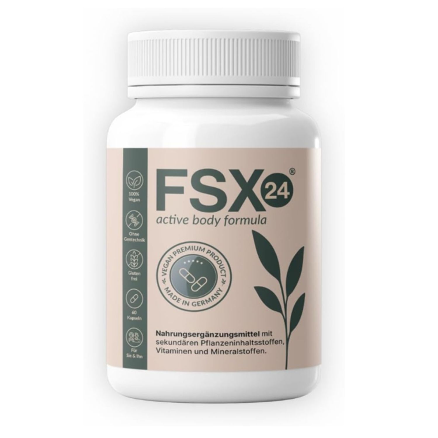 Weiße Flasche mit Kapseln. Aufschrift FSX24, active body formula. Vegan, Premium Produkt, Made in Germany. Enthält sekundäre Pflanzeninhaltsstoffe, Vitamine und Mineralstoffe.