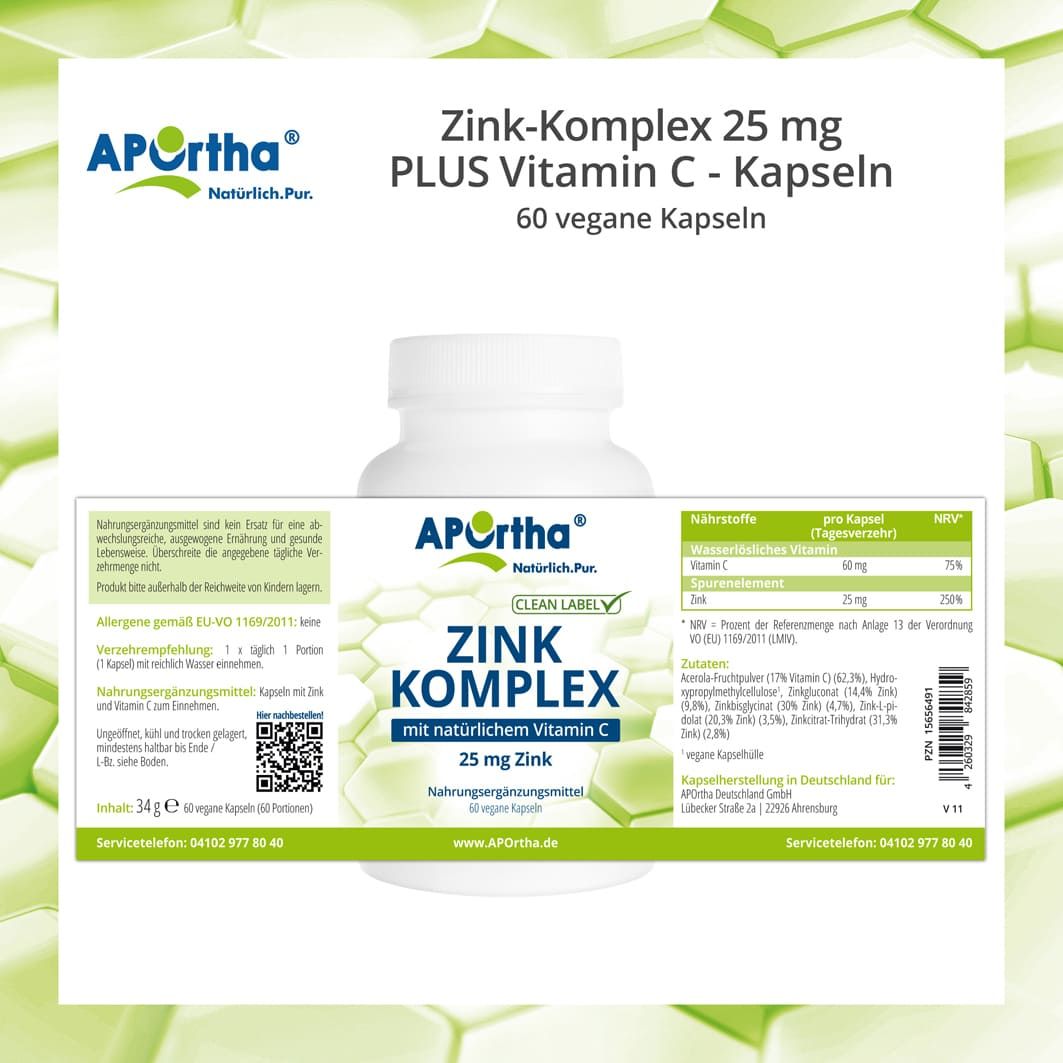 Weiße Flasche mit Etikett: APOrtha® Zink-Komplex, 25 mg Zink, mit Vitamin C, 60 Kapseln. Enthält Nährwertangaben und Clean Label.
