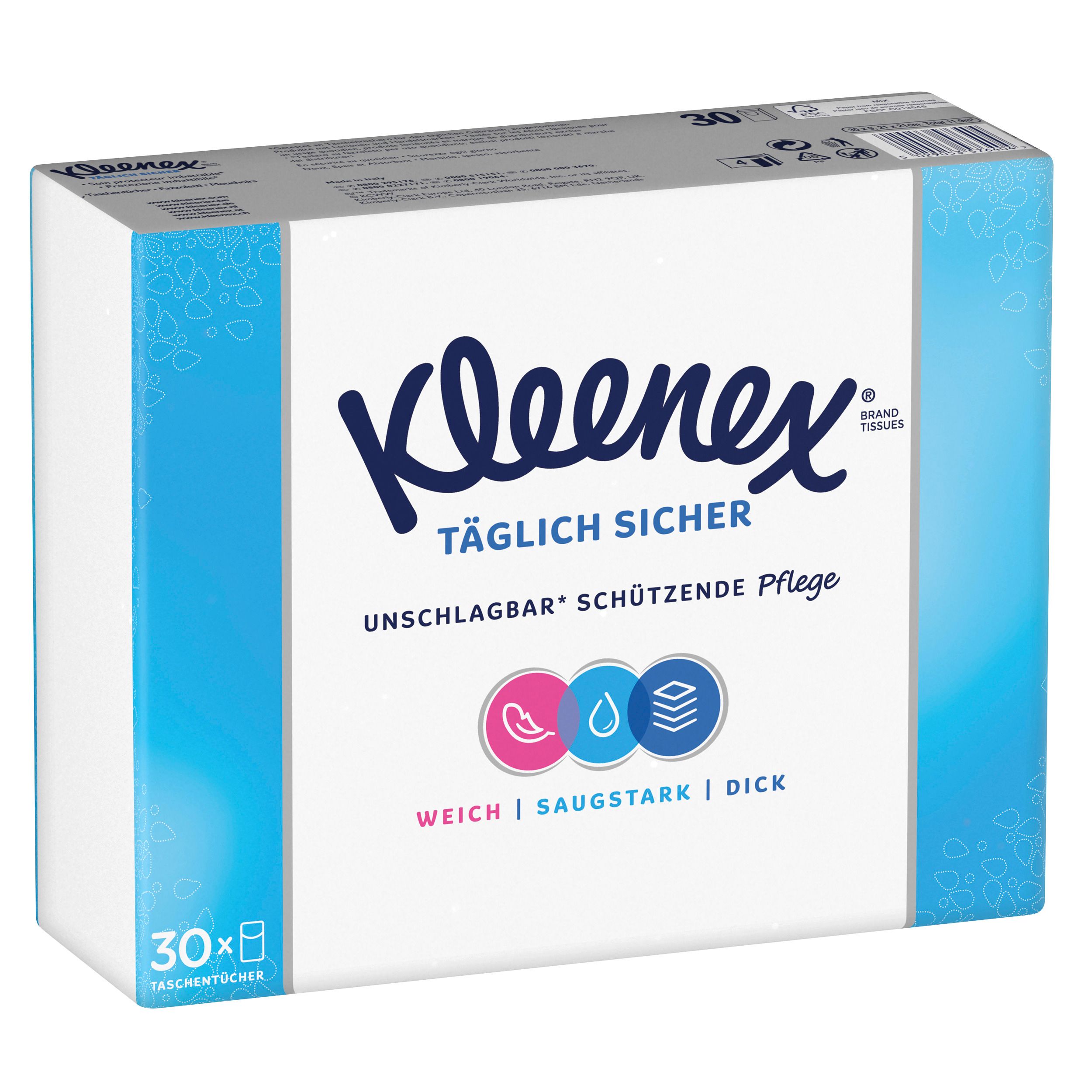 Kleenex-Taschentücher-Packung. Weiße Verpackung mit blauem Rand. Aufdruck: Kleenex, Täglich Sicher, Logos und Text.