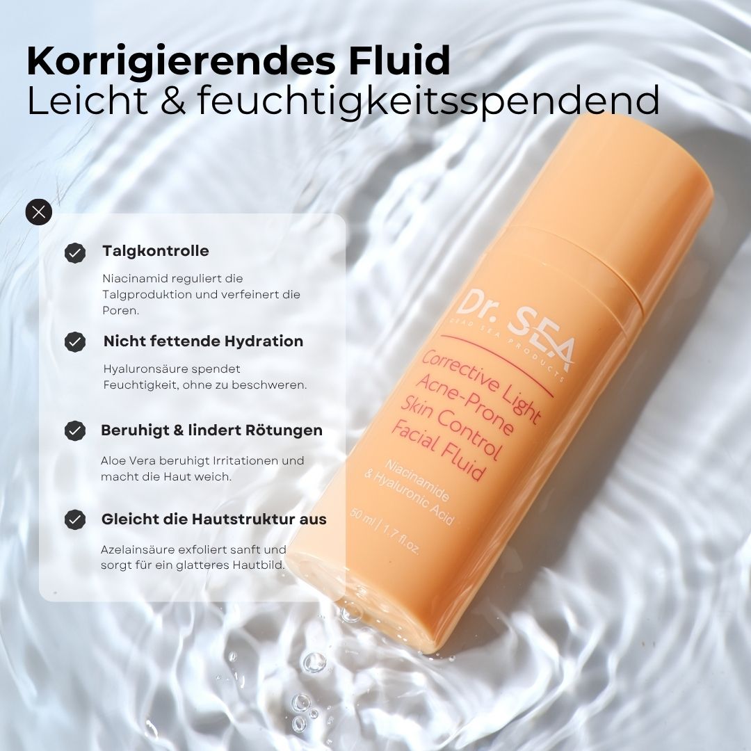 Beige Flasche im Wasser. Aufschrift: Dr. SEA, Corrective Light, Acne-Prone Skin Control Facial Fluid. Text über Eigenschaften.