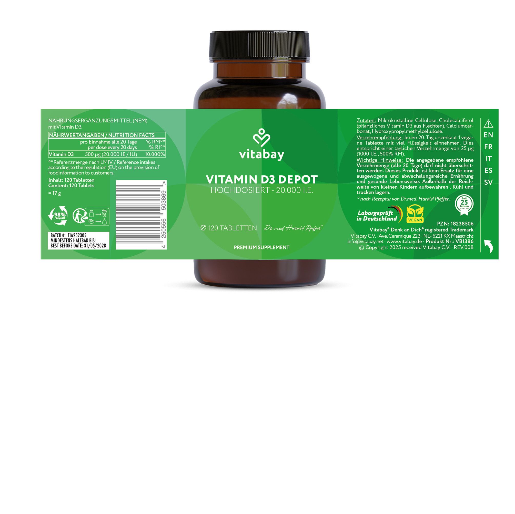 Rückseite der Flasche Vitamin D3 Depot. Text und Logos. 120 Tabletten. Vitabay.
