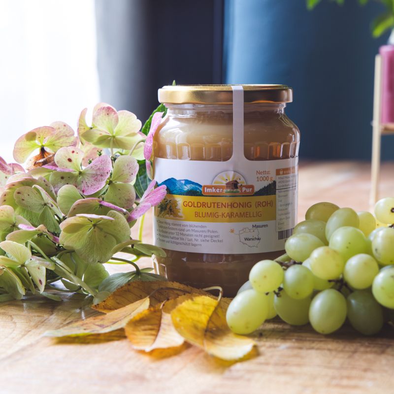 Glas Honig mit Etikett, Goldrutenhonig (roh), neben Trauben, Blättern und Blumen. Deckel goldfarben.