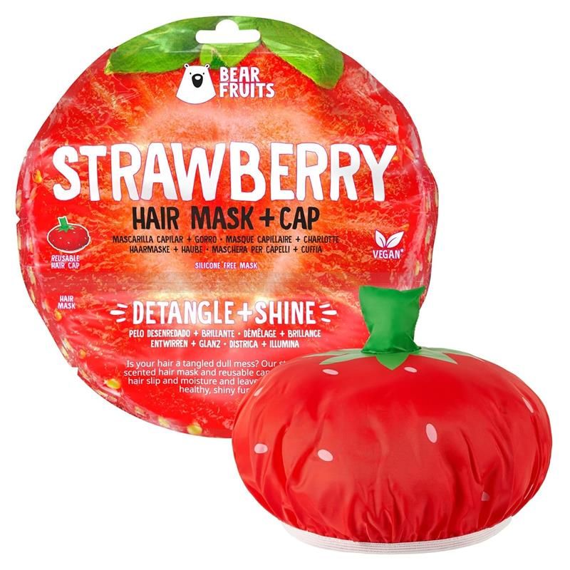 Haarmaske und Haube in Erdbeerform. Verpackung mit Produktnamen und Logo. Haube mit grünem Stiel. Vegan-Siegel.