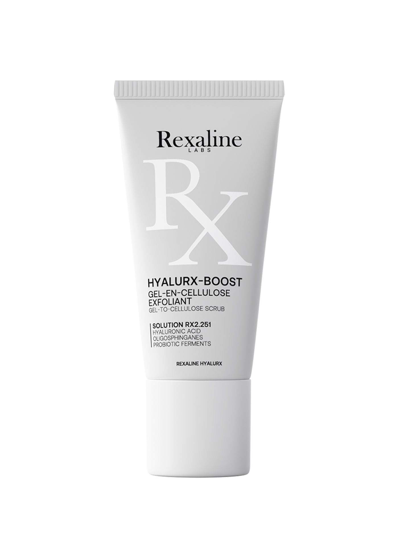 Weiße Tube mit Produktnamen und Schriftzug. Enthält Hyaluronsäure und Probiotika. Marke: Rexaline.
