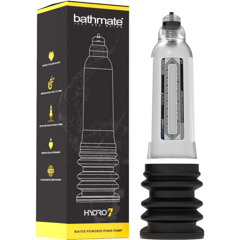 Schwarze Verpackung mit Bathmate-Logo und Hydro 7-Produktabbildung. Text: „Water Powered Penis Pump“.