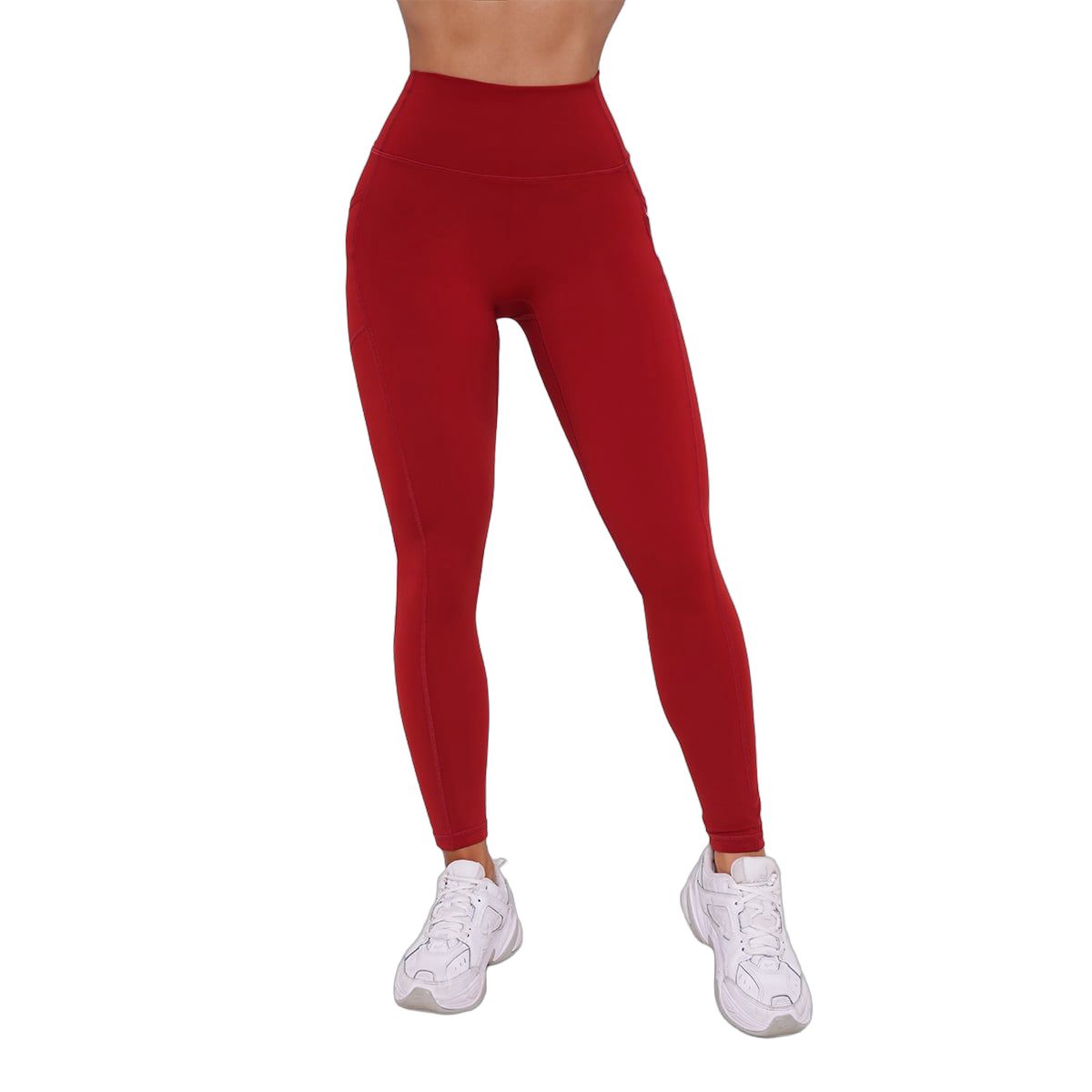 Damen-Leggings in Dunkelrot mit hoher Taille, seitlichen Taschen und schmalem Bein.