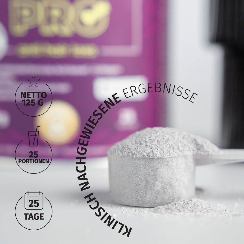 Löffel mit Pulver neben Dose. Text: 125 g, 25 Portionen, 25 Tage. Schriftzug: Klinisch nachgewiesene Ergebnisse.