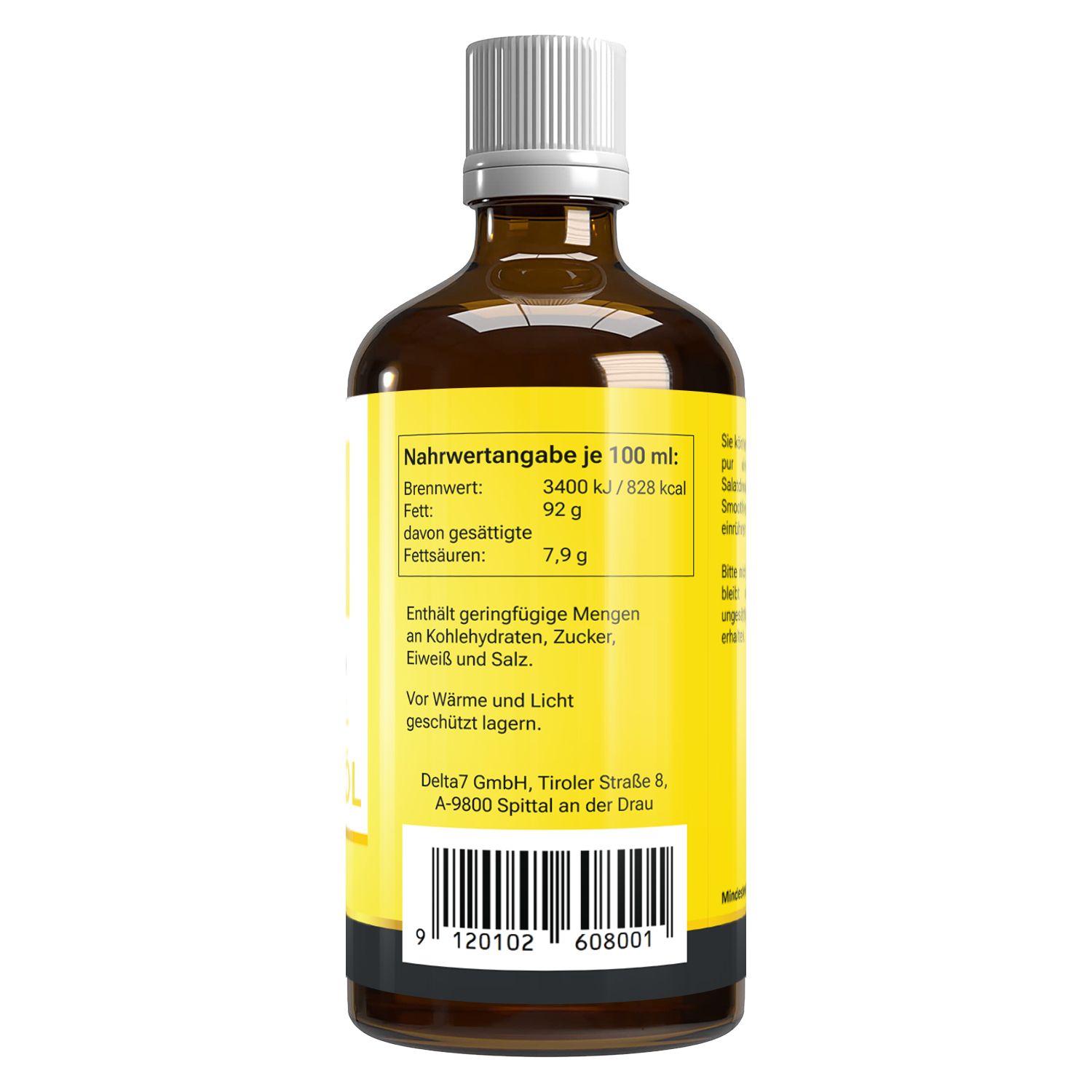 Rückseite der braunen Glasflasche. Gelbes Etikett mit Nährwertangaben und Barcode. Herstellerinformationen.