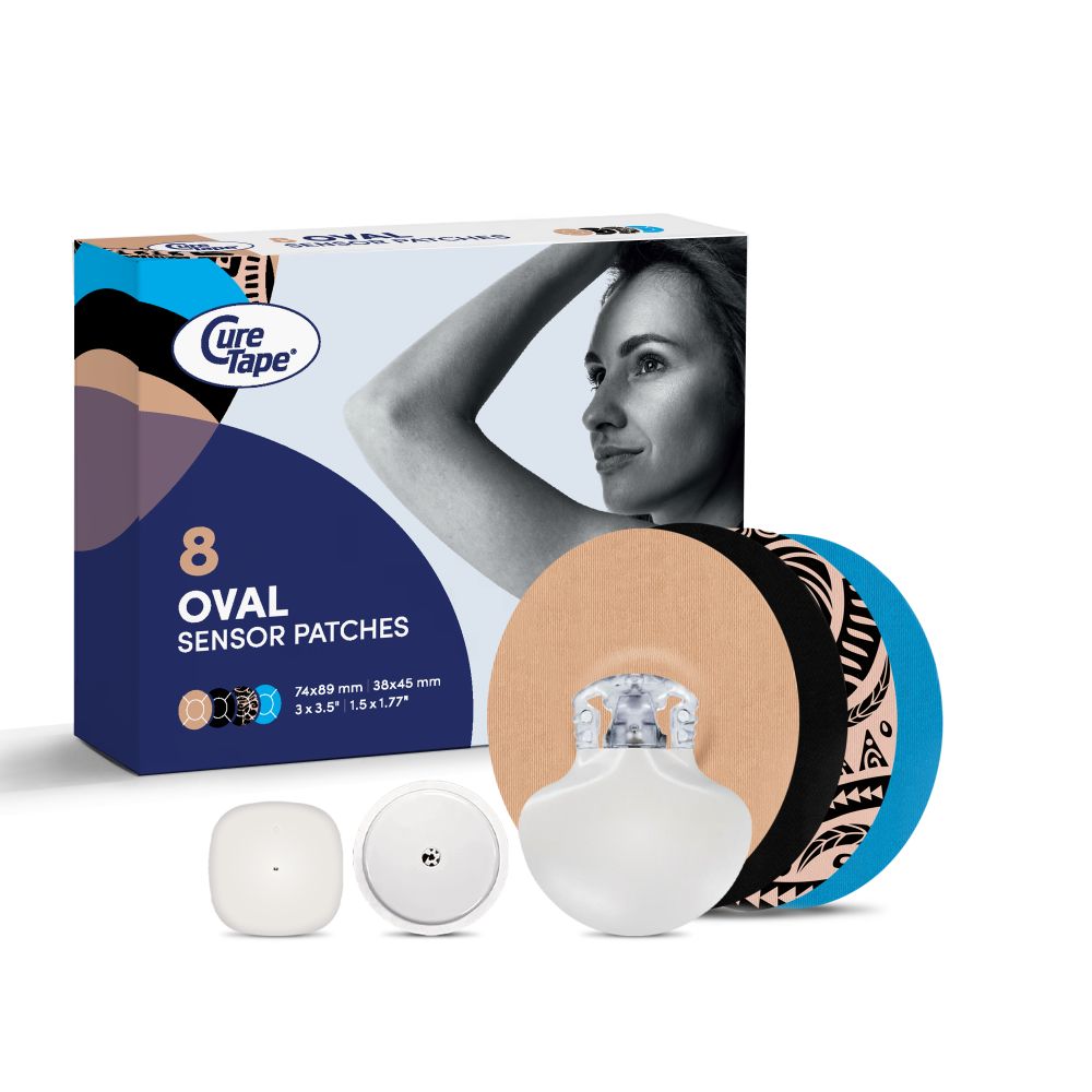 Verpackung mit 8 ovalen Sensorpflastern. Text: 8 OVAL SENSOR PATCHES, 74x89mm, 3x3.5 inch. Logo CureTape.
