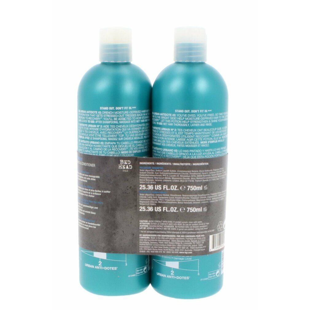 Tigi Bed Head Recovery Set, Rückansicht. Zwei türkisfarbene Flaschen mit weißen Deckeln. Text und Etiketten.