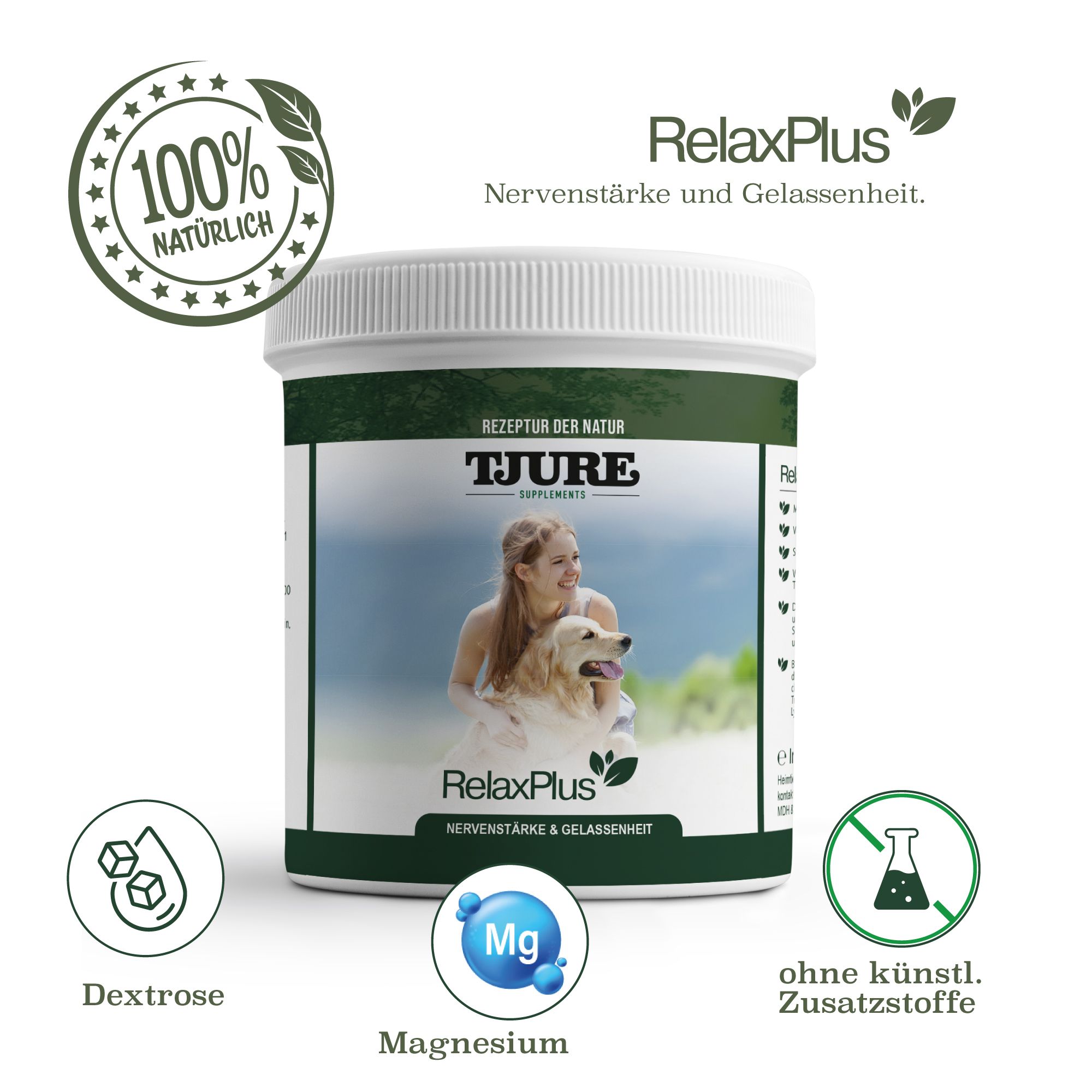 Weißes Produktglas mit grünem Etikett. Auf dem Etikett: Frau mit Hund, Produktname, Inhaltsstoffe. Siegel: 100% natürlich.