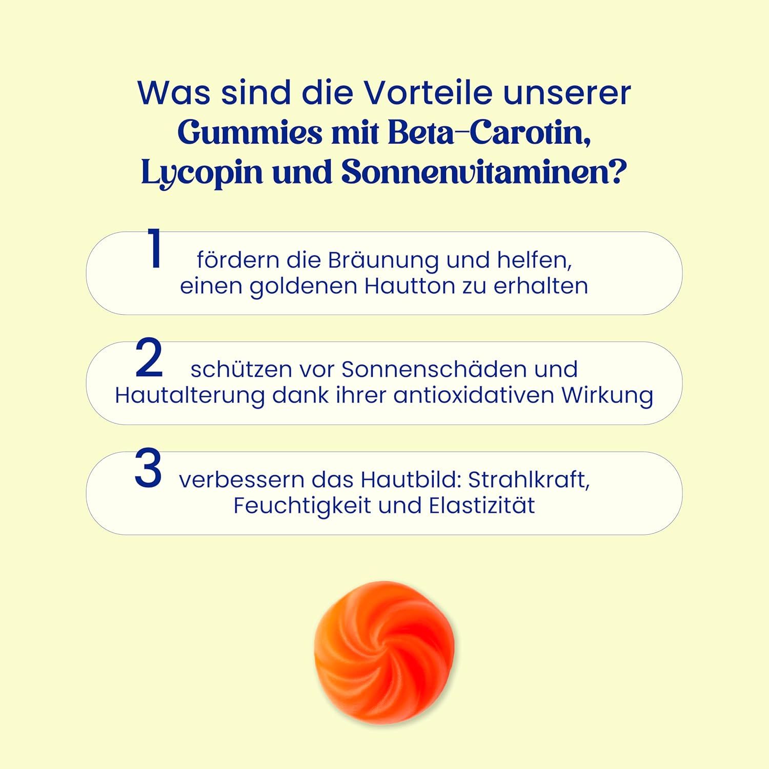 Vorteile der Gummies. Fördern Bräune, schützen vor Sonnenschäden, verbessern Hautbild. Eine Gummibärchen.