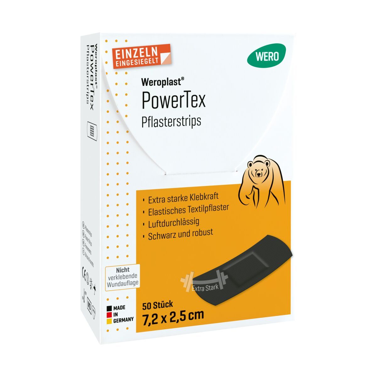 WERO PowerTex Pflasterstrips: Packung mit 50 Stück, schwarze, elastische Pflaster 7,2 x 2,5 cm. Hergestellt in Deutschland.