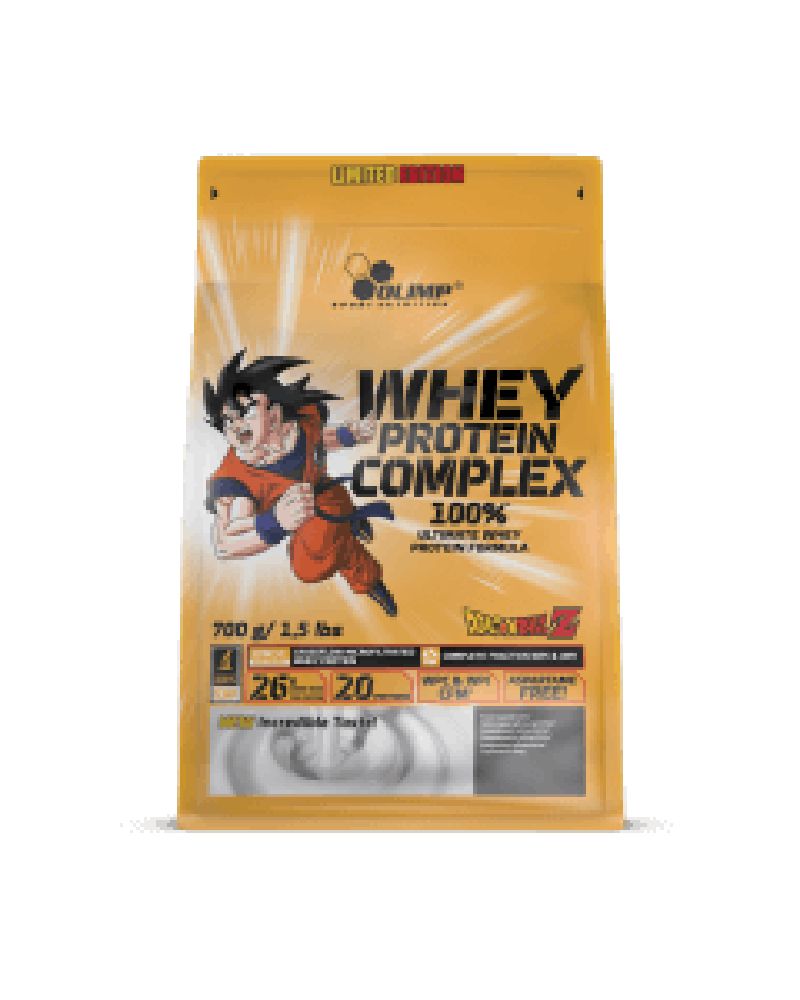 Gelbe Verpackung mit "WHEY PROTEIN COMPLEX" und Anime-Figur. Text: "100%", "700 g / 1.5 lbs", "ASPARTAME FREE".