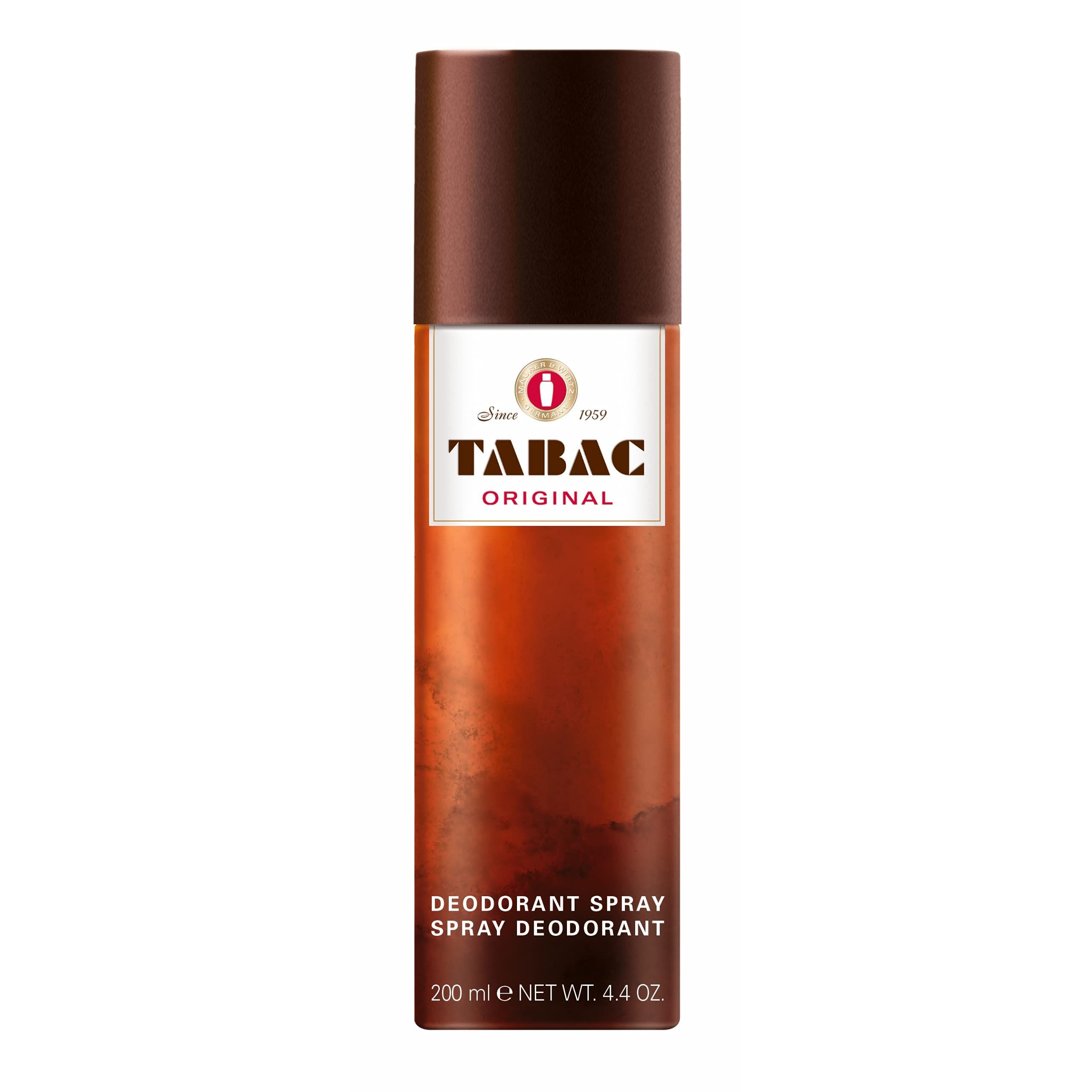 Tabac Original Deodorant-Spray. Braune Kappe, orangefarbener Korpus. Aufschrift: Tabac Original, Deodorant Spray.