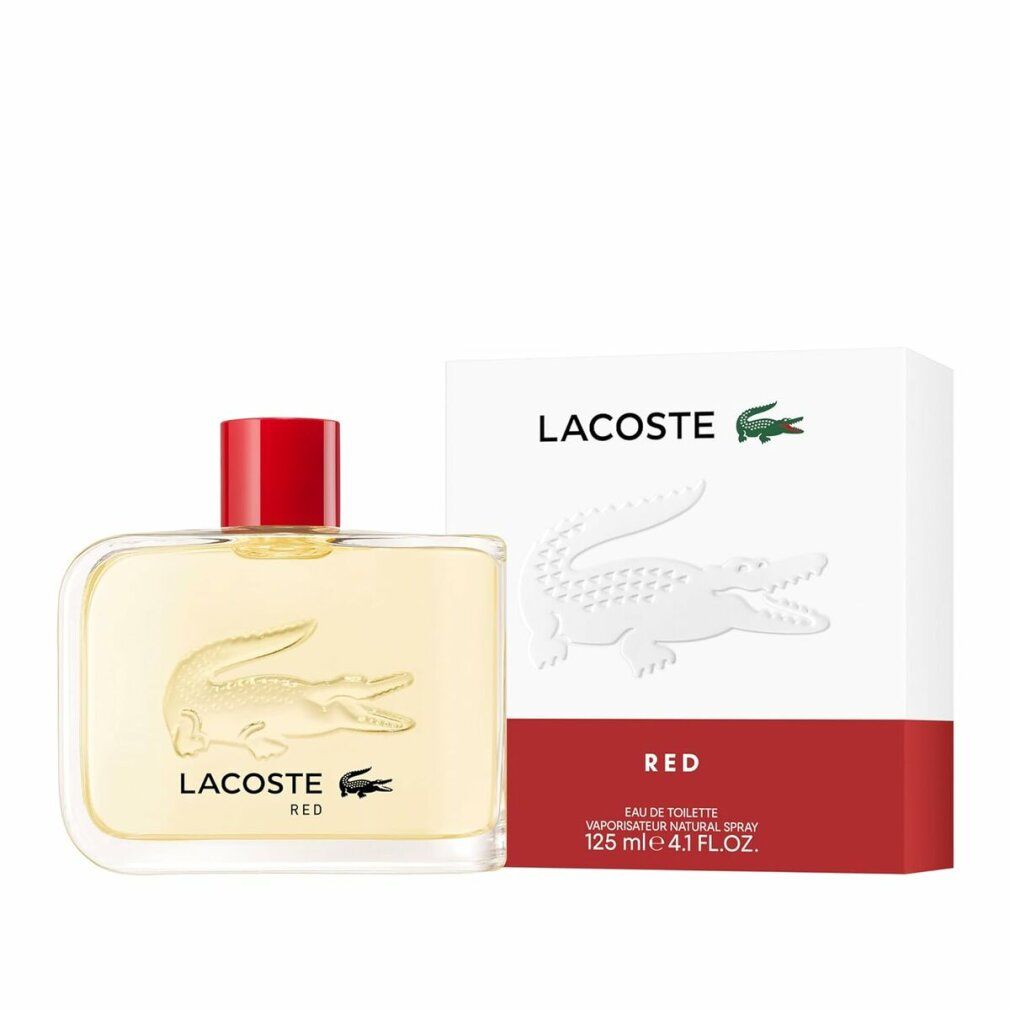 Lacoste Eau de Toilette Touche Rouge Flakon mit rotem Verschluss und Krokodil-Prägung. Kartonverpackung mit Krokodil-Logo.