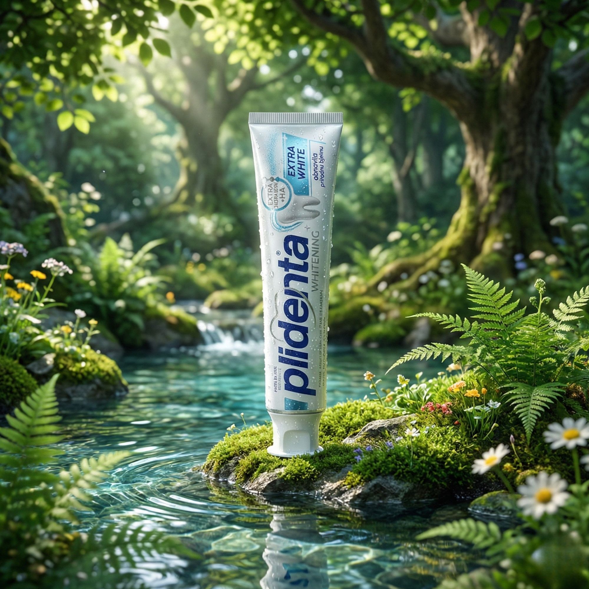 Zahnpasta-Tube auf einem Stein im Wasser. Im Hintergrund: Wald. Aufschrift: plidenta, EXTRA WHITE. Enthält HA. Für weißere Zähne.