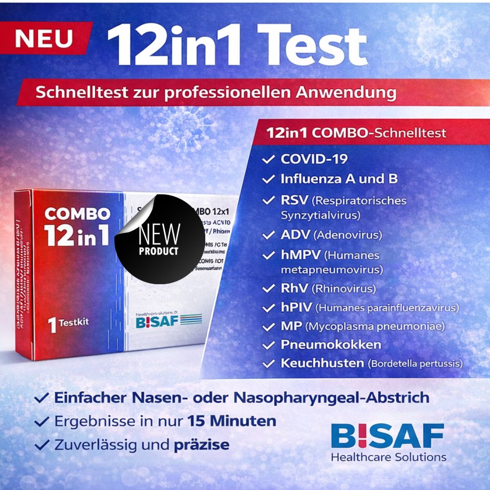 Produktabbildung: 12in1 Testkit-Packung. Text: 12in1 Test, Schnelltest zur professionellen Anwendung. Auflistung der getesteten Krankheiten.