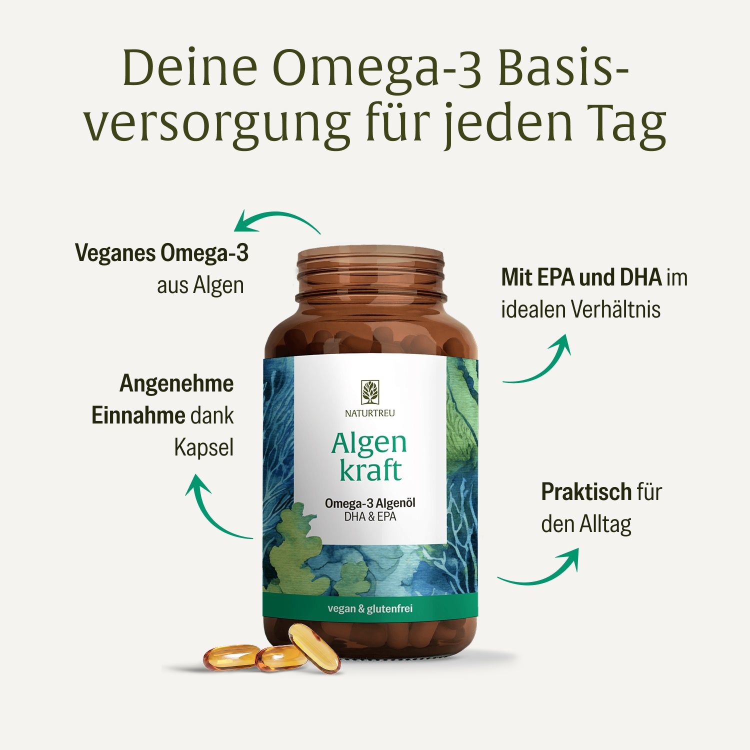 NATURTREU Algenkraft Omega-3 Algenöl: Veganes Omega-3 aus Algen, EPA & DHA, praktisch für den Alltag.