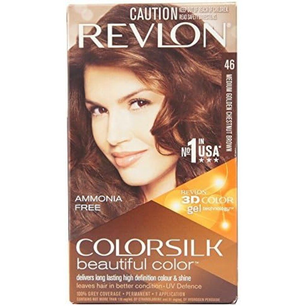 Revlon Colorsilk Box. Medium Golden Chestnut Brown. Enthält keine Ammoniak. Frau mit braunen Haaren. 3D Color Gel Technologie.