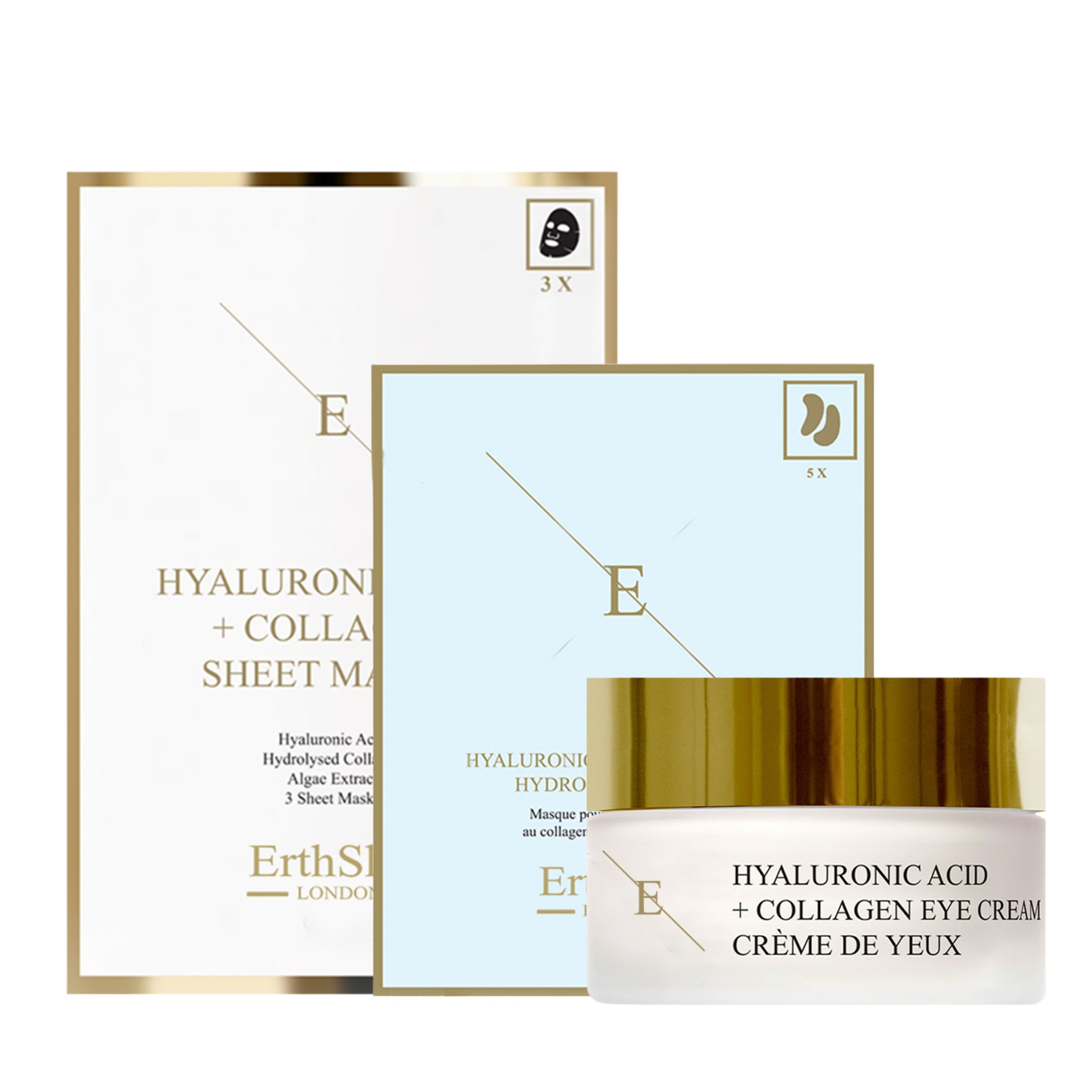 Augencreme und Masken-Set. Creme-Glas mit goldenem Deckel. Masken-Verpackungen mit Text. Marke: ErthSkin London.