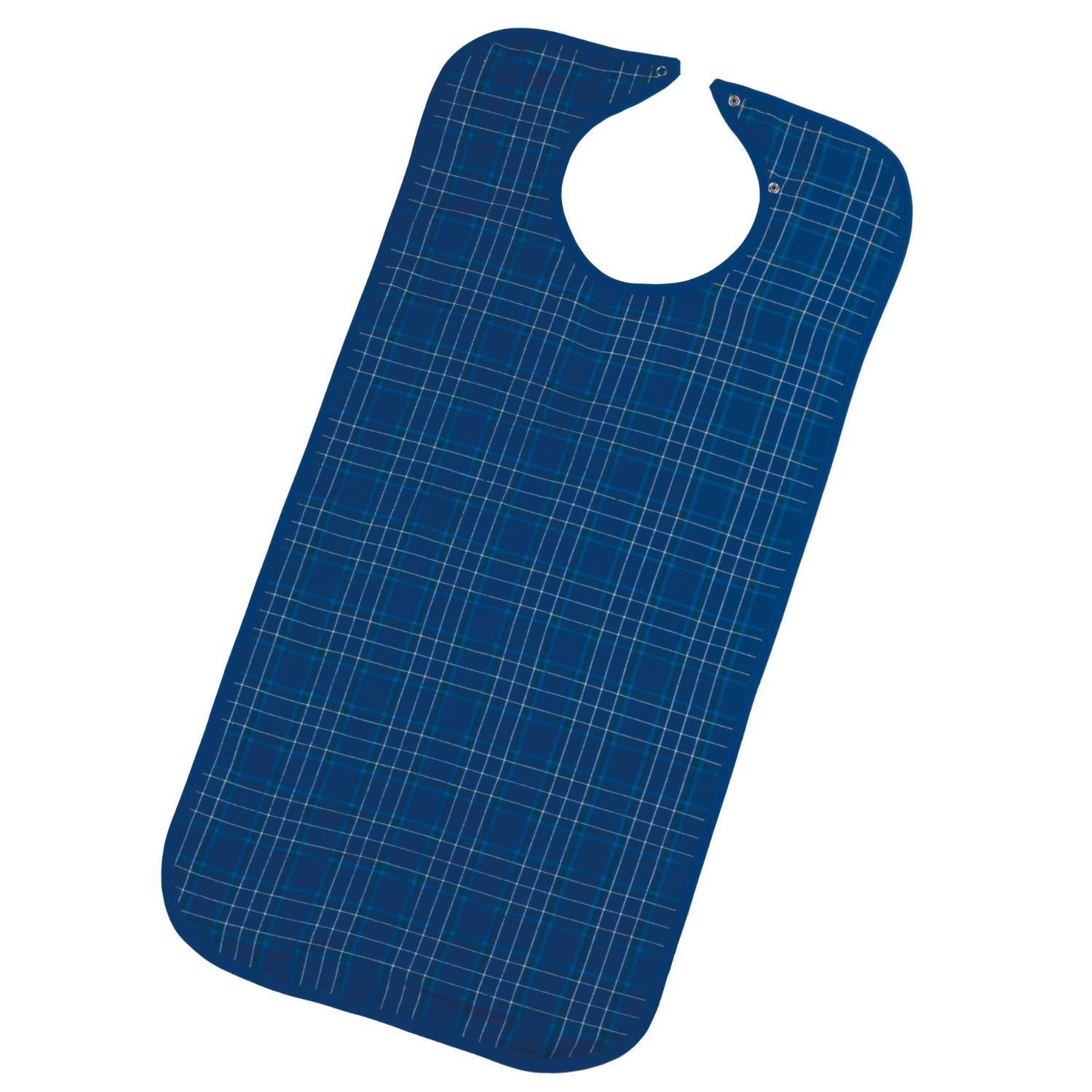 Blaue Ess-Schürze mit Karomuster. Aus Polyester. Mit Druckknöpfen am Hals.