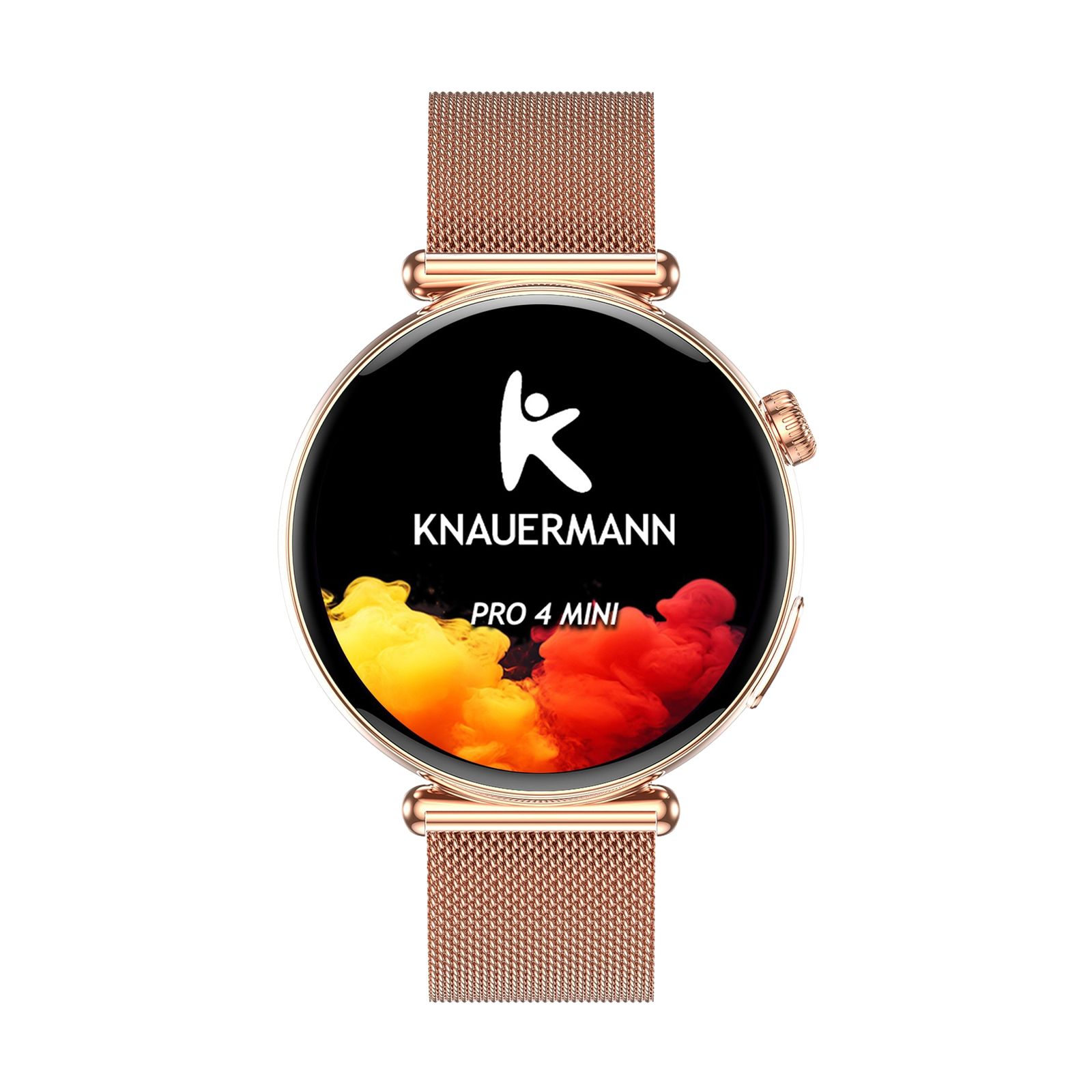 Roségoldfarbene Smartwatch mit rundem Zifferblatt. Auf dem Display: Logo und Schriftzug KNAUERMANN PRO 4 MINI. Milanaise-Armband.