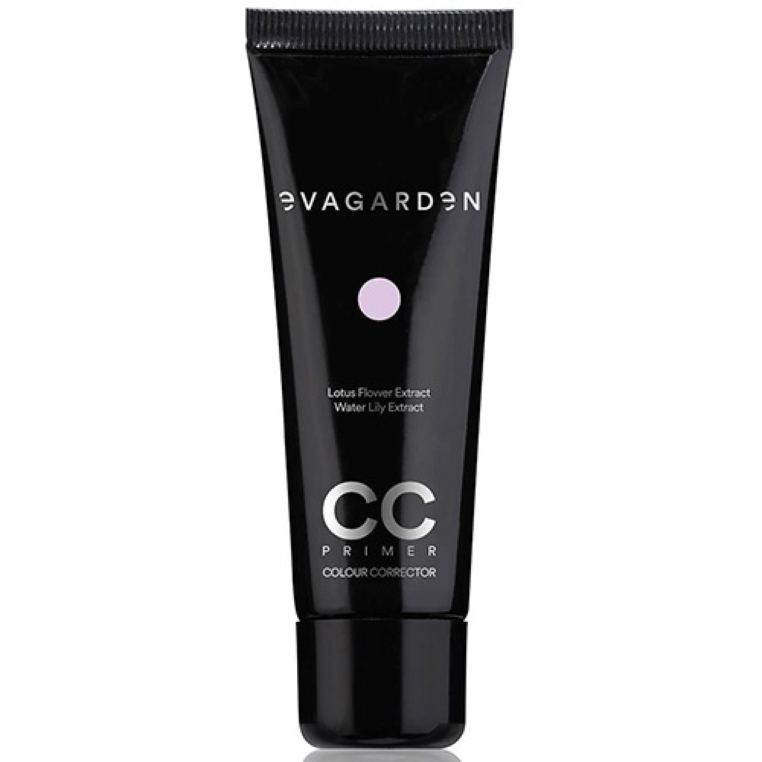 Schwarze Tube mit weißem Schriftzug „evagarden“ und „CC PRIMER“. Lilafarbener Punkt. Text: Lotus Flower Extract, Water Lily Extract.