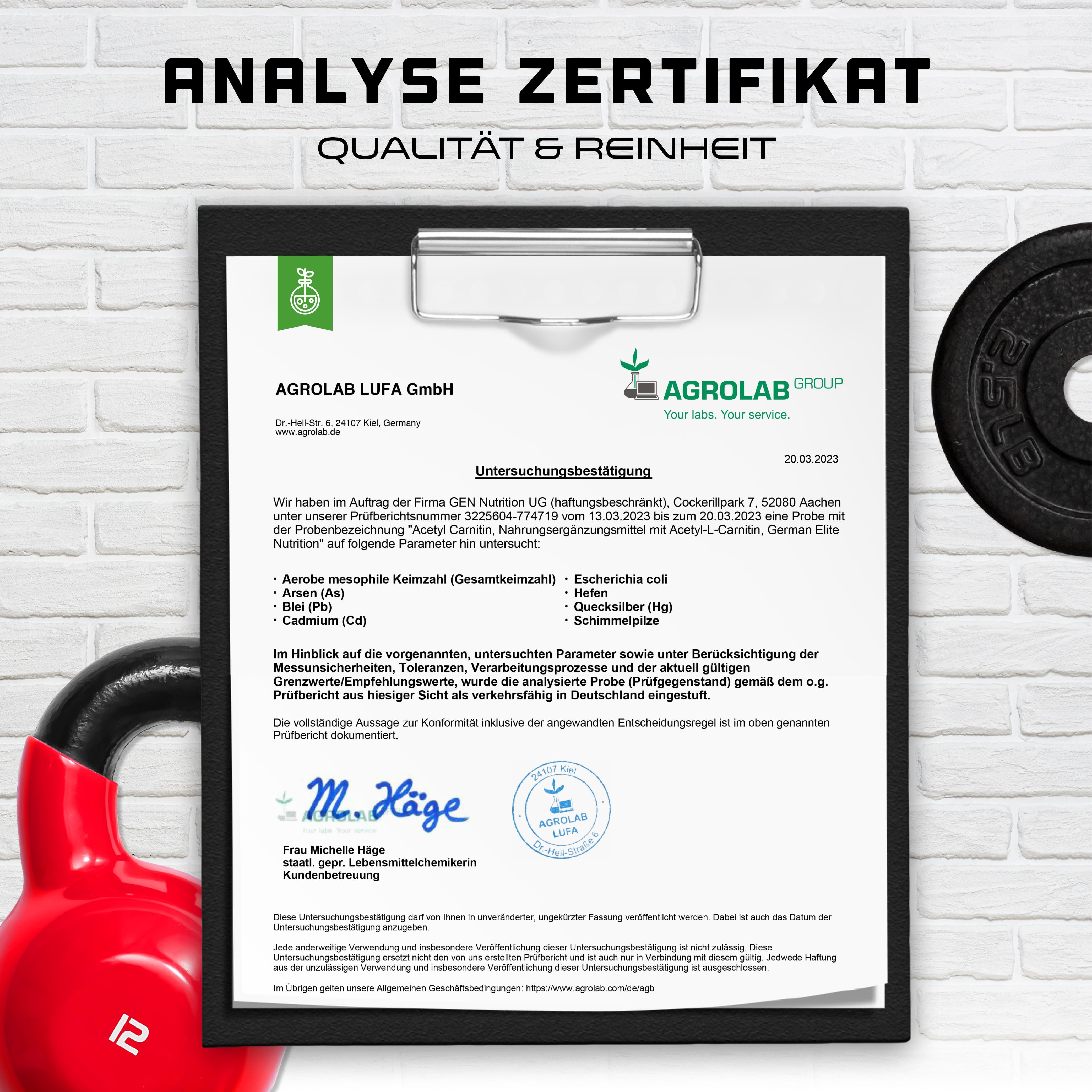 Analyse Zertifikat von Agrolab LUFA GmbH. Qualität & Reinheit. Unterschriften und Stempel. Bestätigung der Analyseergebnisse.