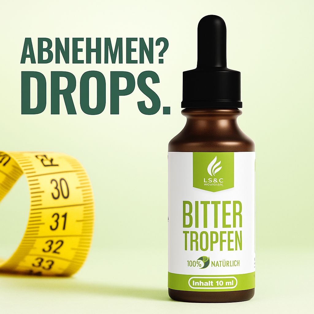 Braune Flasche mit schwarzem Tropfer. Auf dem Etikett steht "Bitter Tropfen" und "LS & C Nutrition". Gelbes Maßband.