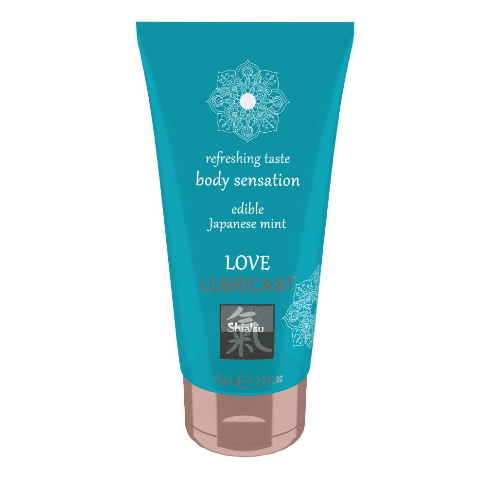 Türkisfarbene Tube mit Schriftzug "LOVE LUBRICANT". Enthält "edible Japanese mint". Marke Shiatsu. Rosafarbener Verschluss.