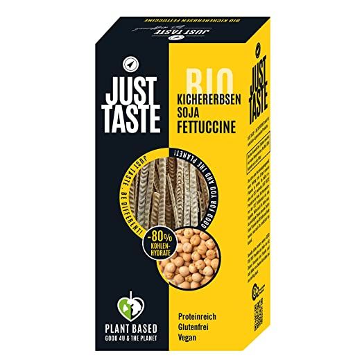 Just Taste Bio Kichererbsen Fettuccine Packung, vegan, glutenfrei, proteinreich, 80% weniger Kohlenhydrate.