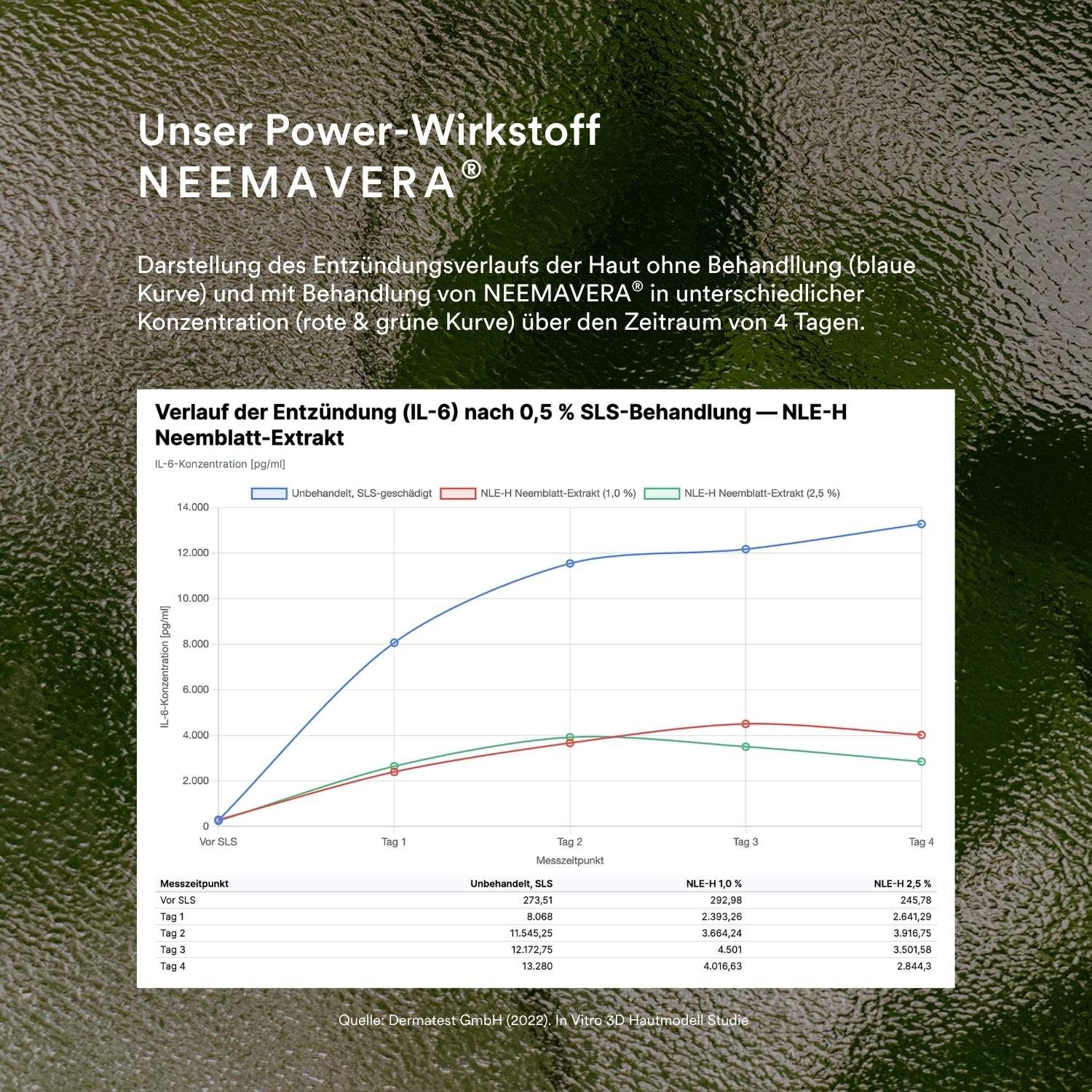 Diagramm mit Linien, die den Entzündungsverlauf der Haut ohne und mit Behandlung zeigen. Text: Unser Power-Wirkstoff NEEMAVERA®.