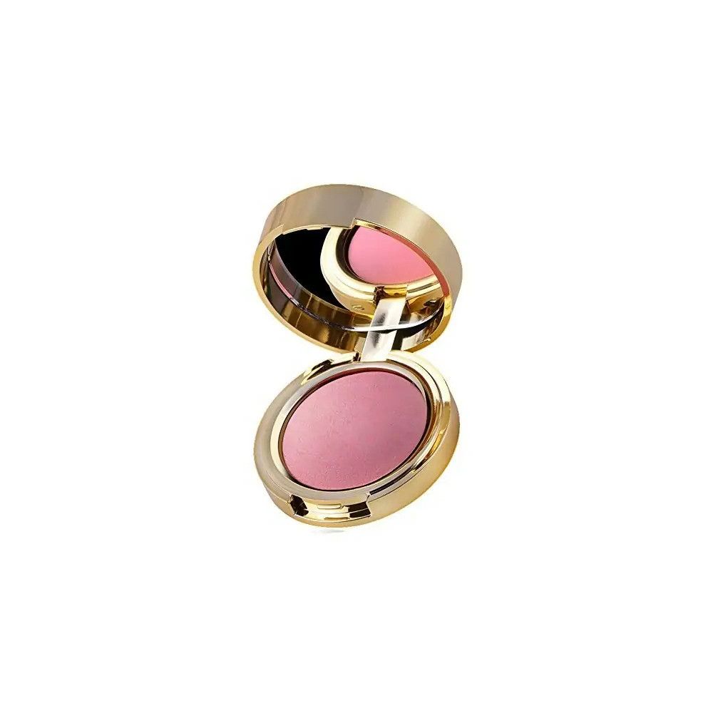 Blush-Kompaktpuder mit Spiegel. Goldfarbenes Gehäuse, rosa Puder. Deckel geöffnet.
