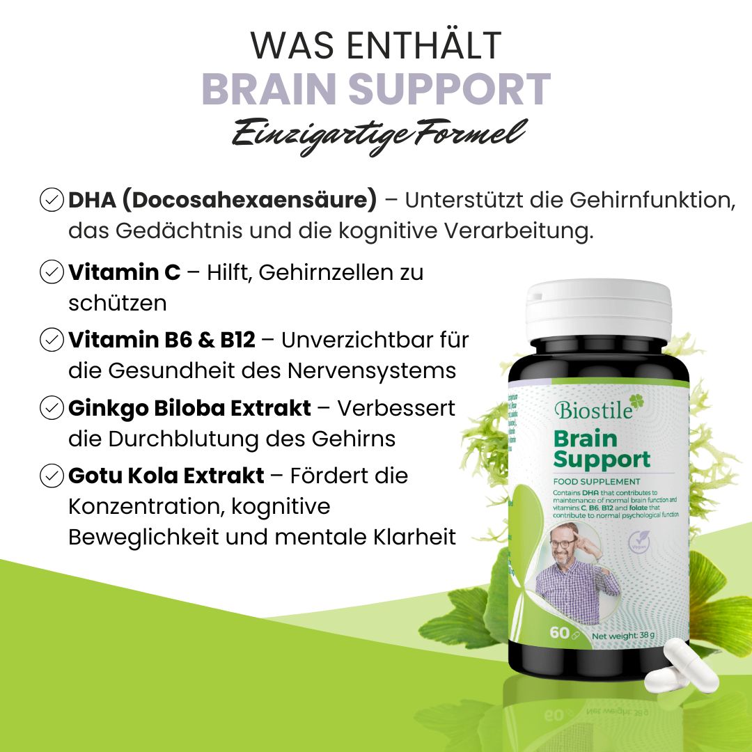 Biostile Brain Support Dose in Grafik mit Vorteilen: Gehirnfunktion, mentale Klarheit, Konzentration.