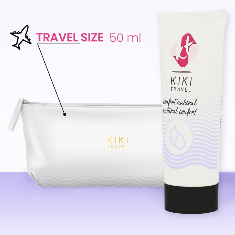 Kiki Travel Gleitgel Tube (50 ml) und eine durchsichtige Kulturtasche.