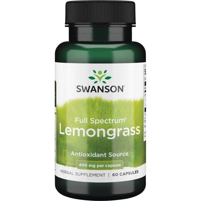 Grüne Flasche mit Swanson Zitronengras-Kapseln. Aufschrift: "Full Spectrum Lemongrass", "Antioxidant Source", "400 mg per capsule".