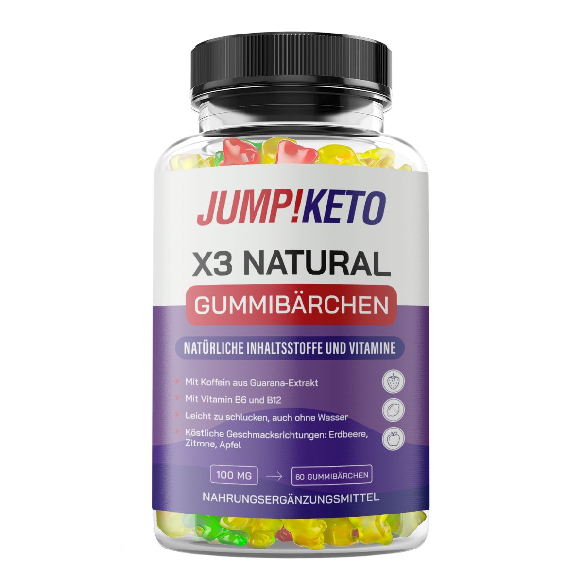 Eine Flasche Jump!Keto X3 Natural Gummibärchen mit bunten Fruchtgummis.