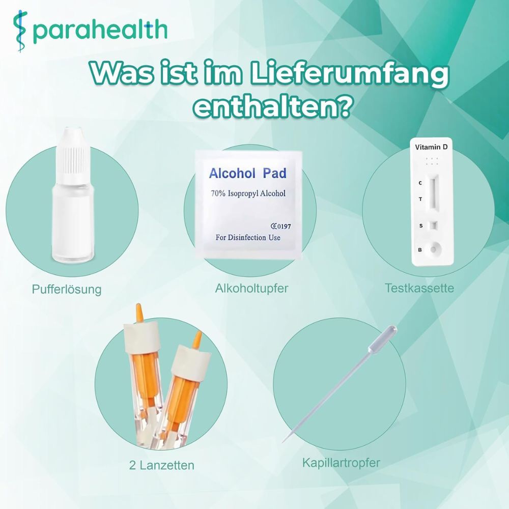 Inhalt eines Vitamin-D-Schnelltest-Kits: Pufferlösung, Alkoholtupfer, Lanzetten, Kapillartropfer und Testkassette.