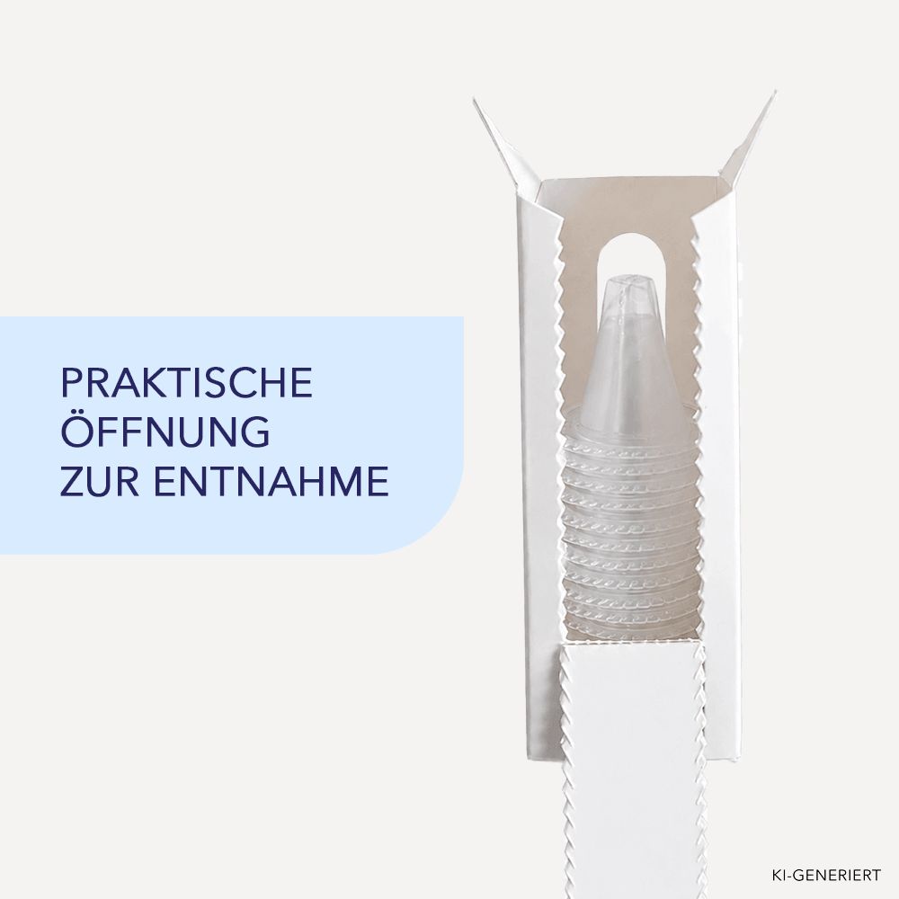 Verpackung mit Einweg-Schutzkappen für Ohrthermometer. Praktische Entnahmeöffnung.