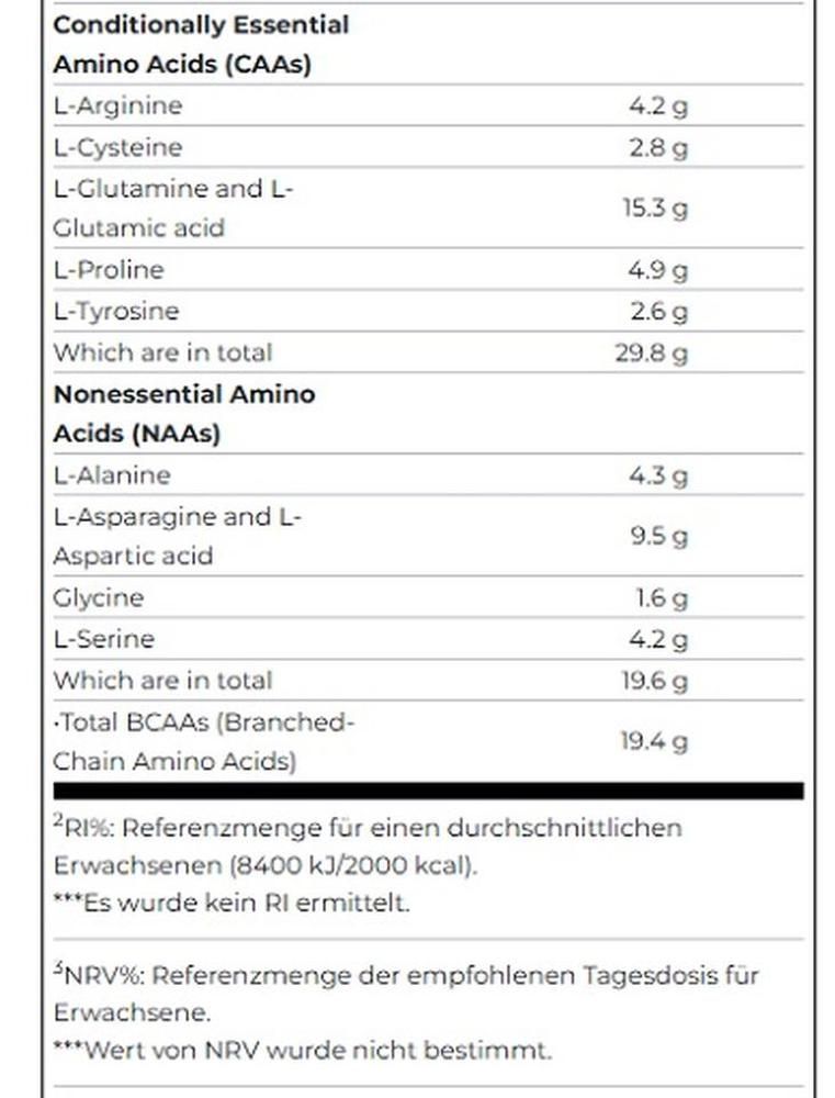 Nährwerttabelle mit Aminosäureprofil und Mengen.