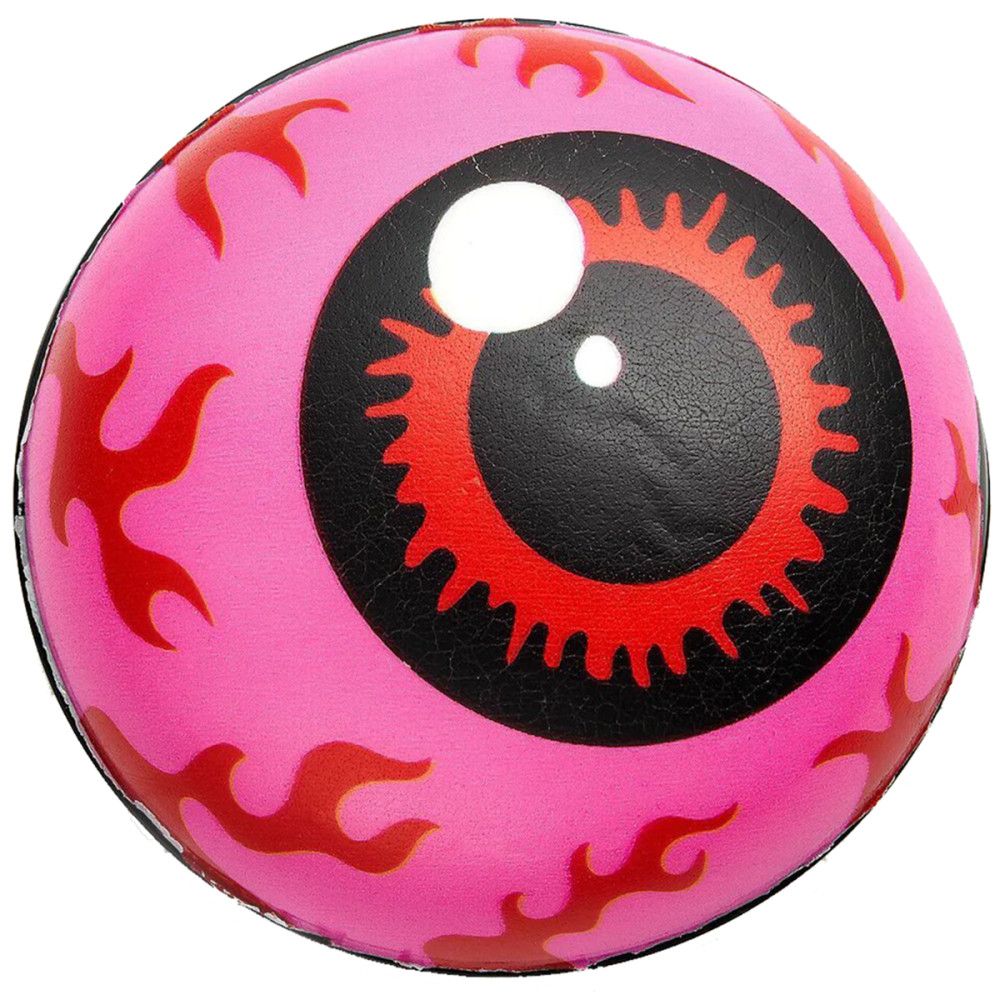 Rosa Kugel mit rotem Augendesign. Rote Iris, schwarze Pupille, rotes Flammenmuster. Schwarzer Rand.