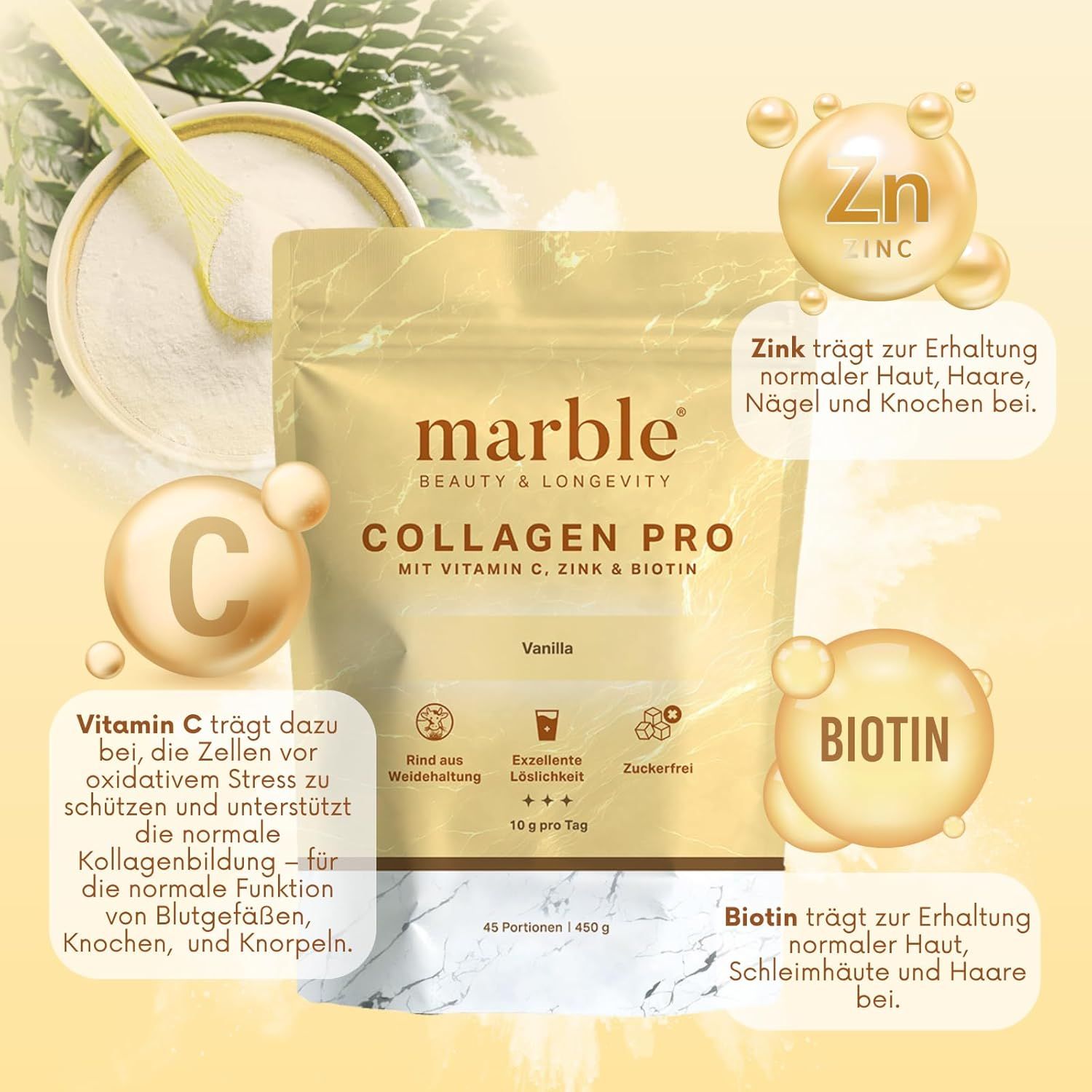 Marble Collagen Pro Packung mit Hervorhebung von Vitamin C, Zink und Biotin und deren Vorteilen.