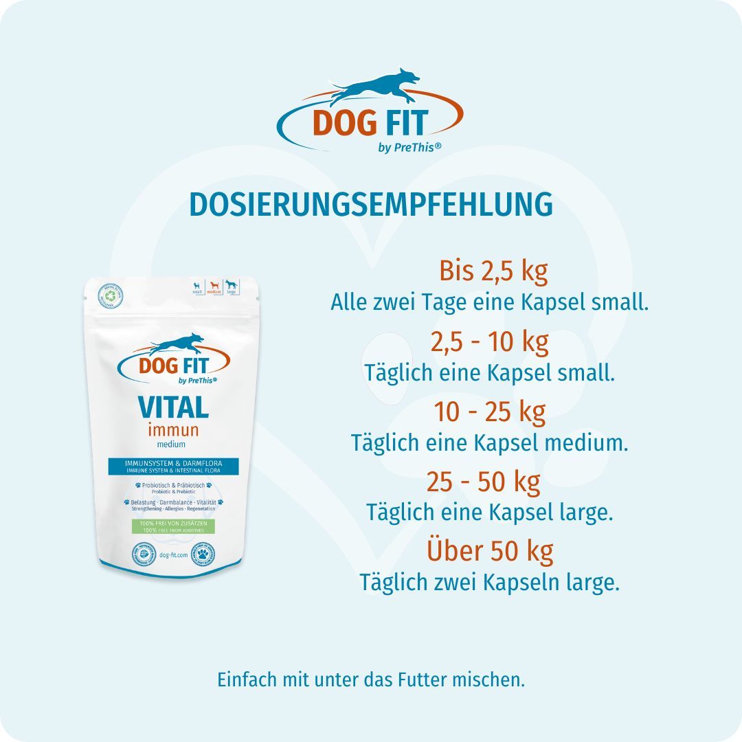 Produkt DOG FIT VITAL immun in Verpackung. Dosierungsempfehlung nach Gewicht des Hundes.