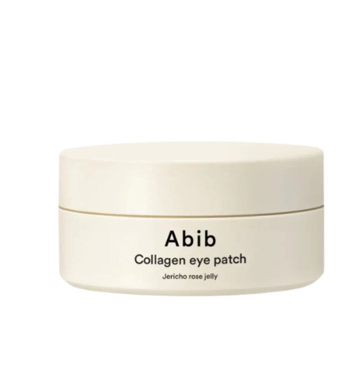 Beige Dose mit ABIB Kollagen-Augenpflaster. Aufschrift: Collagen eye patch, Jericho rose jelly.