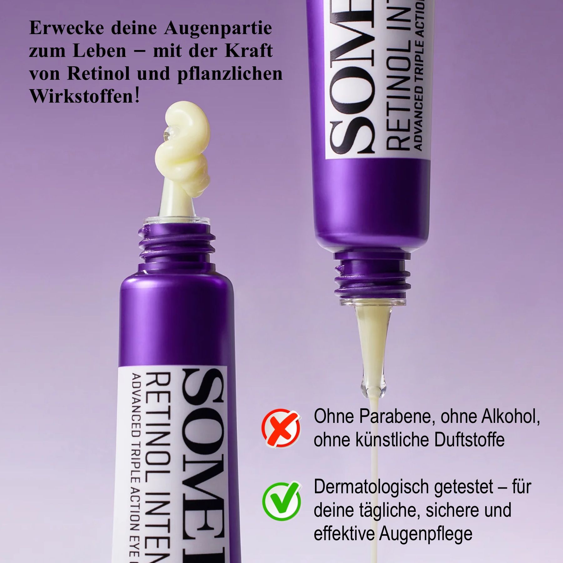 Zwei Tuben. Text: SOME BY MI RETINOL INTENSE. Text über Inhaltsstoffe und dermatologische Tests.