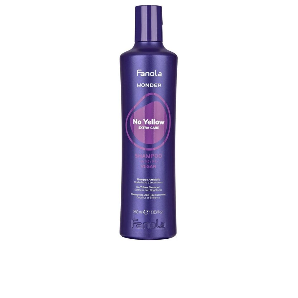 Violette Shampoo-Flasche mit Aufschrift "Fanola No Yellow Extra Care". Flasche mit lila Verschluss, Produktname und Logo.