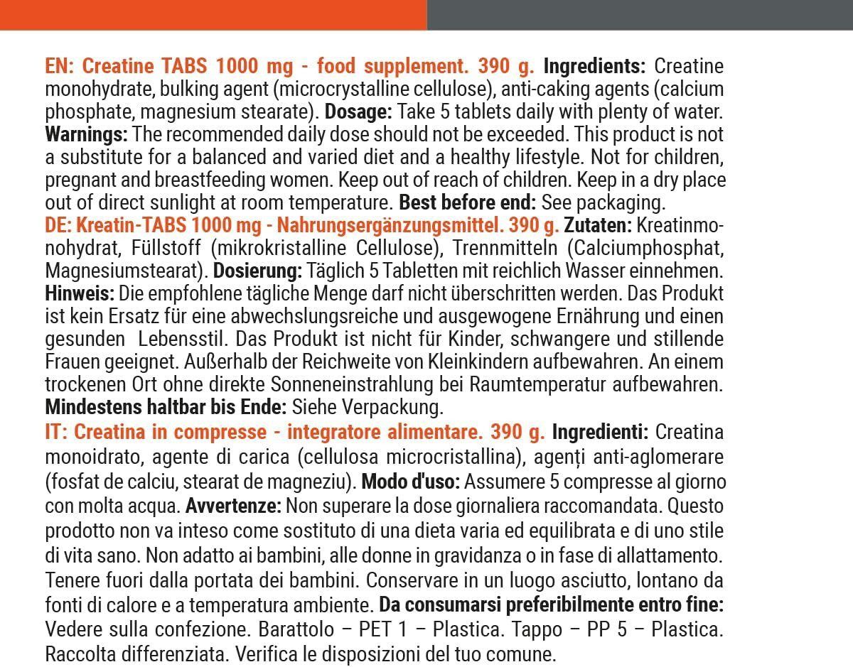 Textinformationen zu GymBeam Kreatin TABS 1000 mg, 390 g.