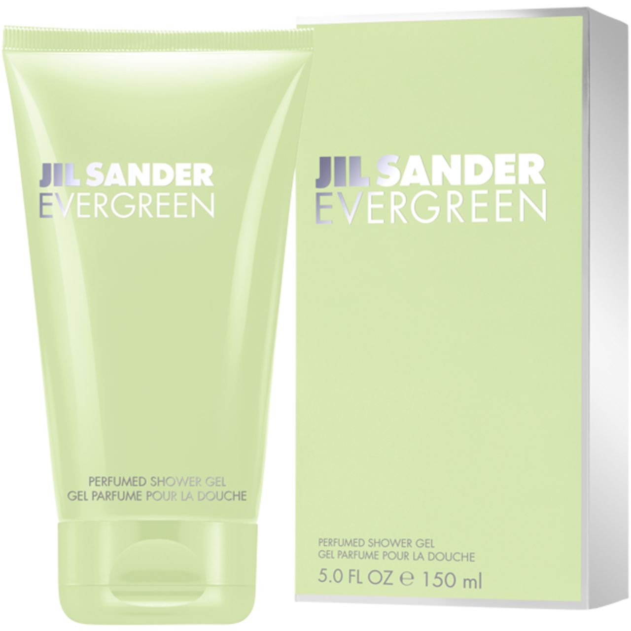 Hellgrüne Tube und Schachtel mit Aufschrift Jil Sander Evergreen. Text: Perfumed Shower Gel. 5.0 FL OZ e 150 ml.