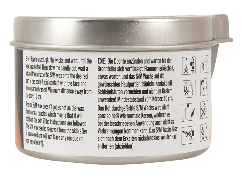 Rückseite der Dose mit Text. Enthält Anweisungen in Englisch und Deutsch. Illustrationen.